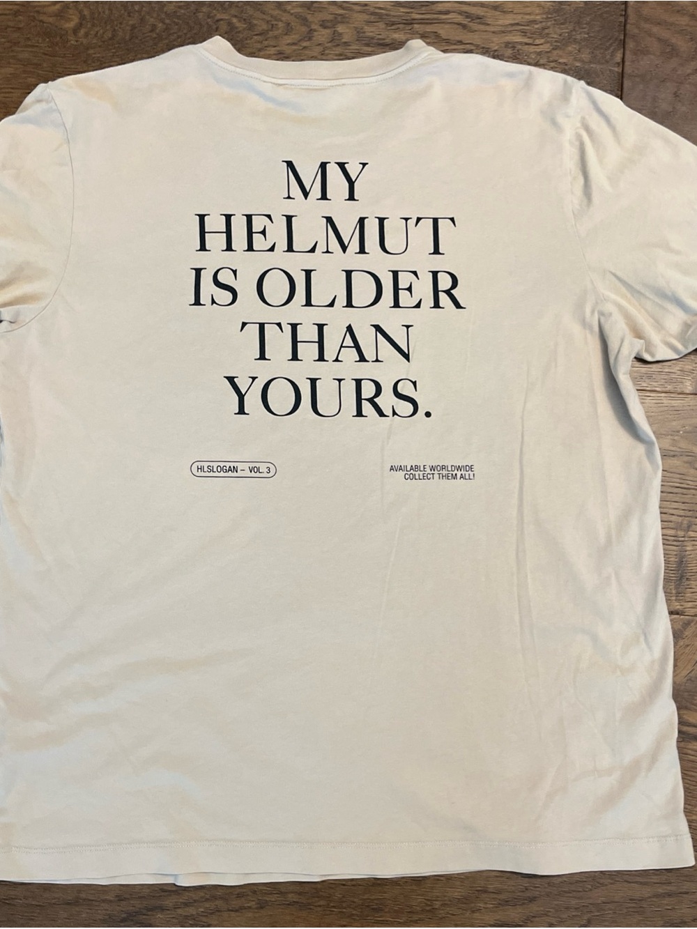 Helmut Lang Tan and White Cotton Tee - XL Care Tag Detail
